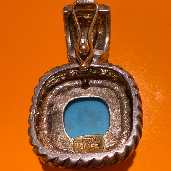 Large Vintage Sterling Silver 18k Gold Turquoise Enhancer Pendant Necklace - Picture 3 of 13